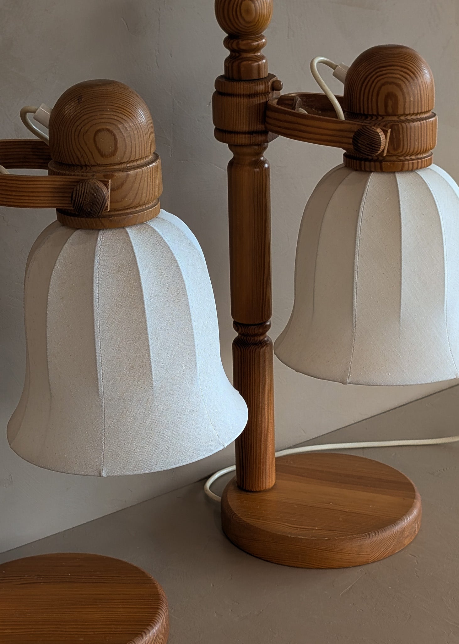 Pair of Large Unique Vintage Swedish Markslöjd Pine Table Lamps with Original Articulating Linen Shades