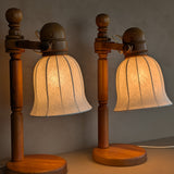 Pair of Large Unique Vintage Swedish Markslöjd Pine Table Lamps with Original Articulating Linen Shades