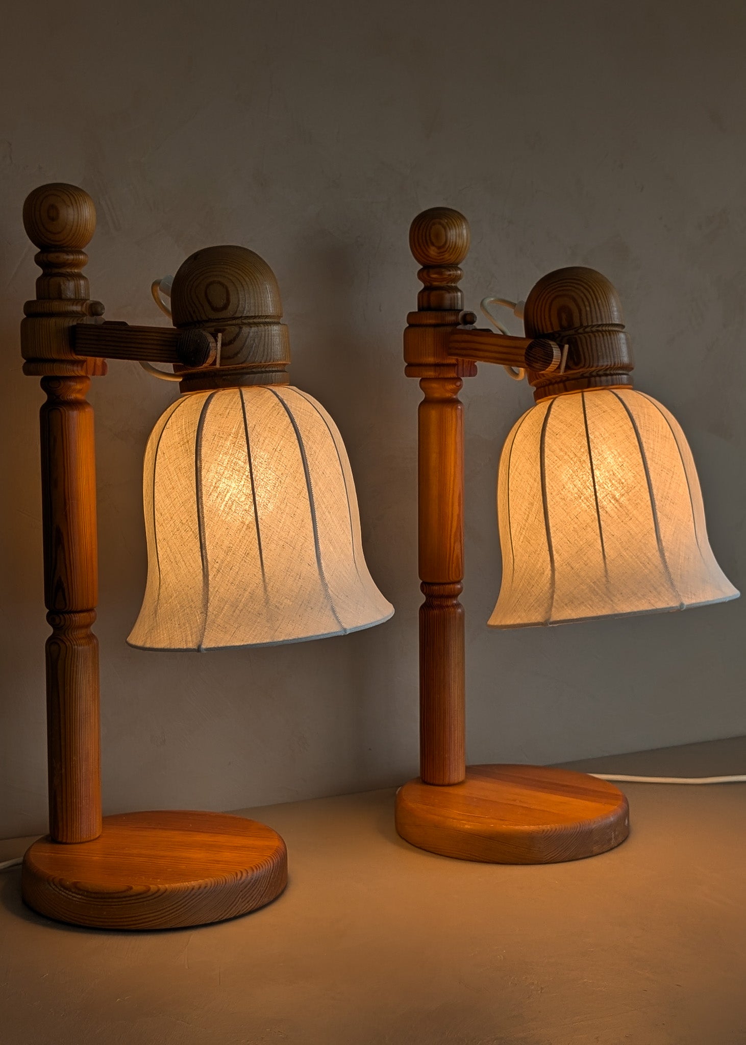 Pair of Large Unique Vintage Swedish Markslöjd Pine Table Lamps with Original Articulating Linen Shades