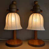 Pair of Large Unique Vintage Swedish Markslöjd Pine Table Lamps with Original Articulating Linen Shades
