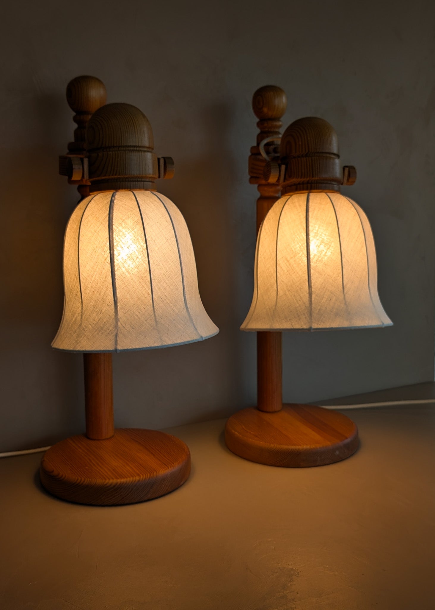 Pair of Large Unique Vintage Swedish Markslöjd Pine Table Lamps with Original Articulating Linen Shades