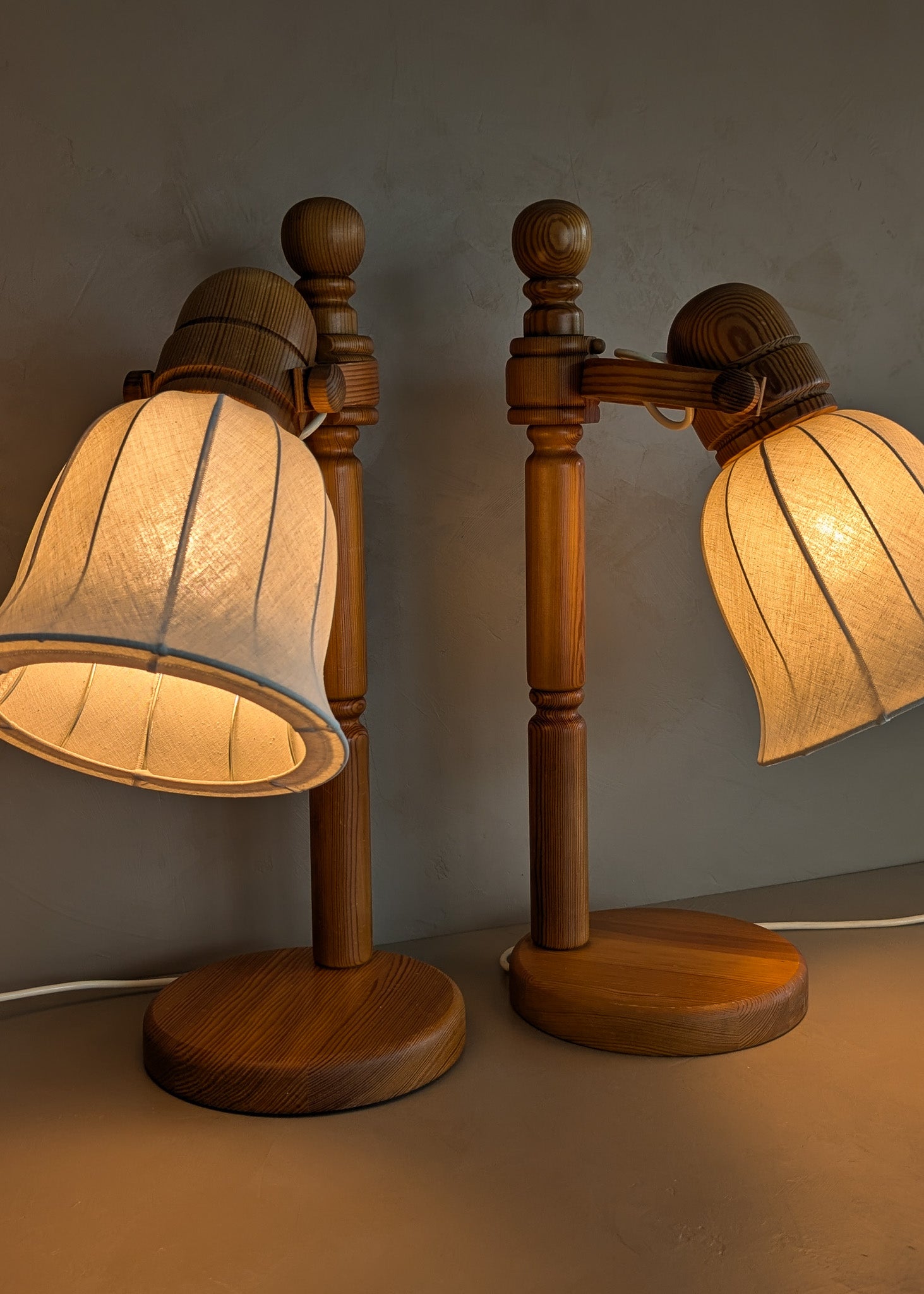 Pair of Large Unique Vintage Swedish Markslöjd Pine Table Lamps with Original Articulating Linen Shades