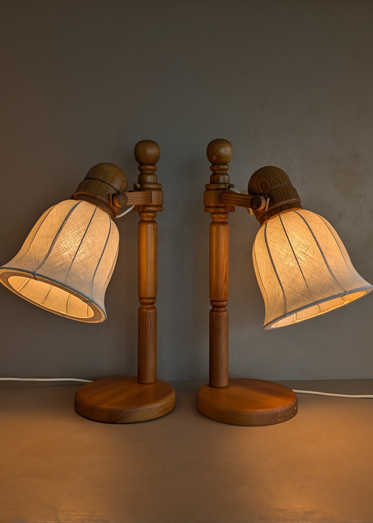 Pair of Large Unique Vintage Swedish Markslöjd Pine Table Lamps with Original Articulating Linen Shades
