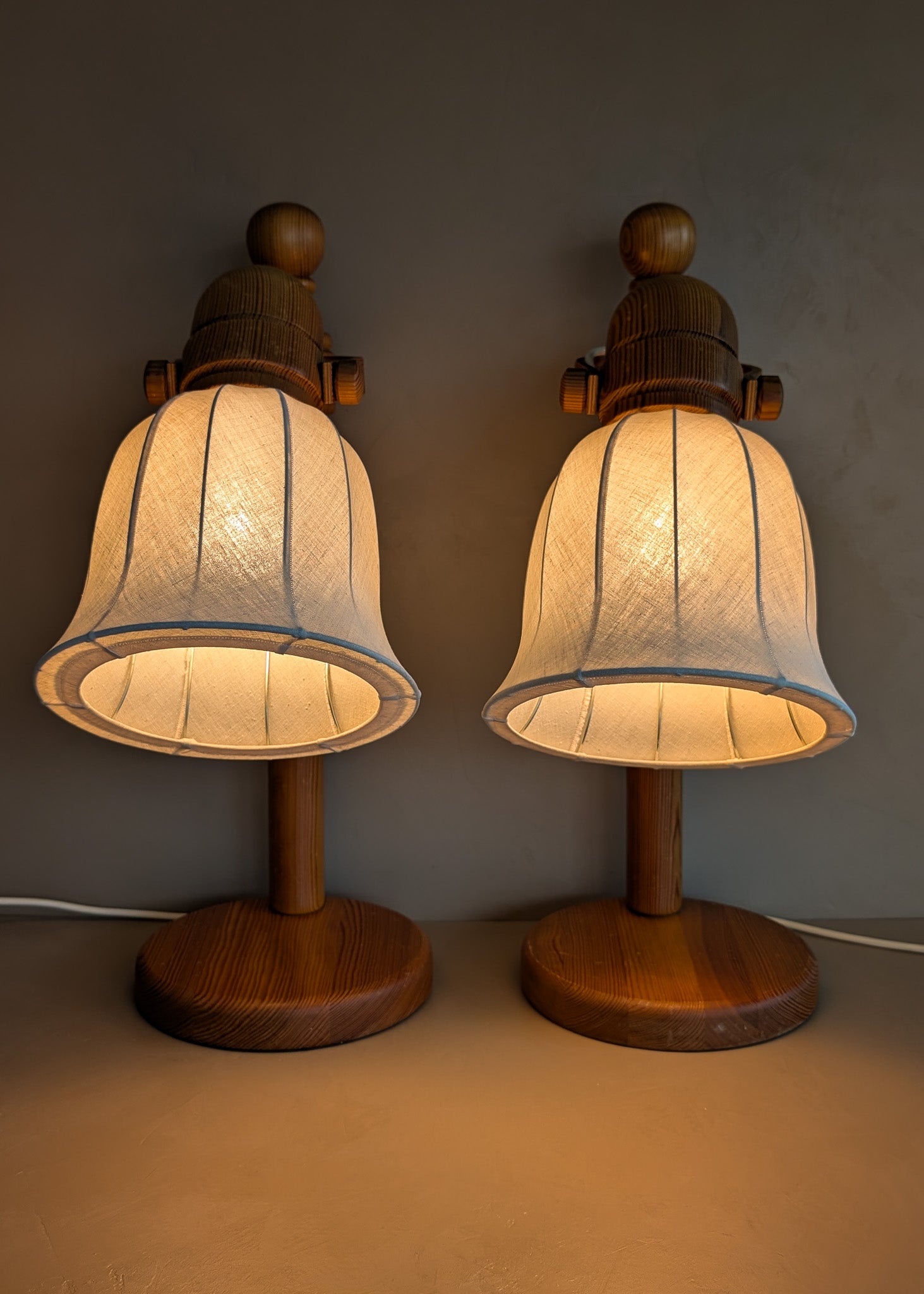 Pair of Large Unique Vintage Swedish Markslöjd Pine Table Lamps with Original Articulating Linen Shades