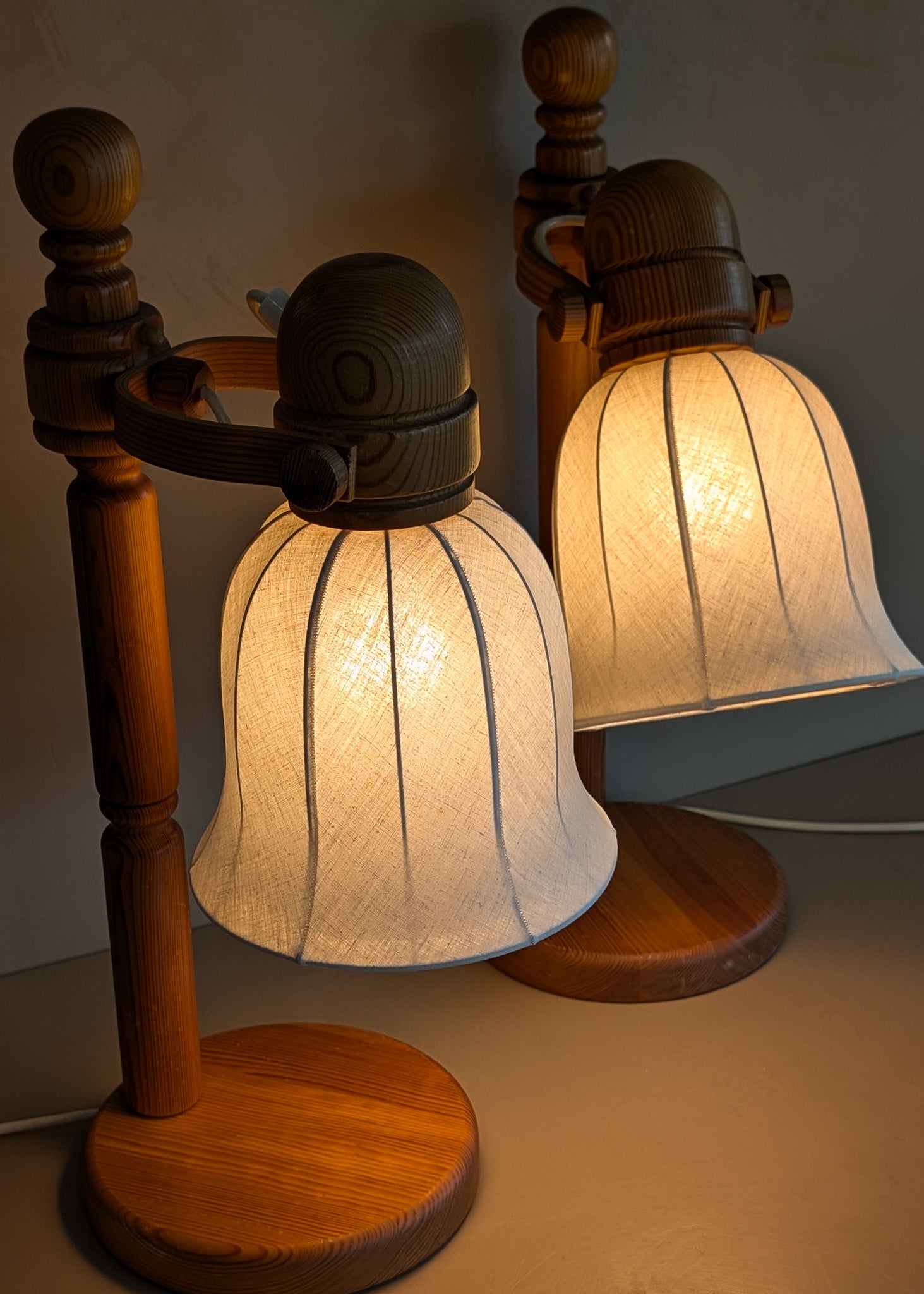 Pair of Large Unique Vintage Swedish Markslöjd Pine Table Lamps with Original Articulating Linen Shades