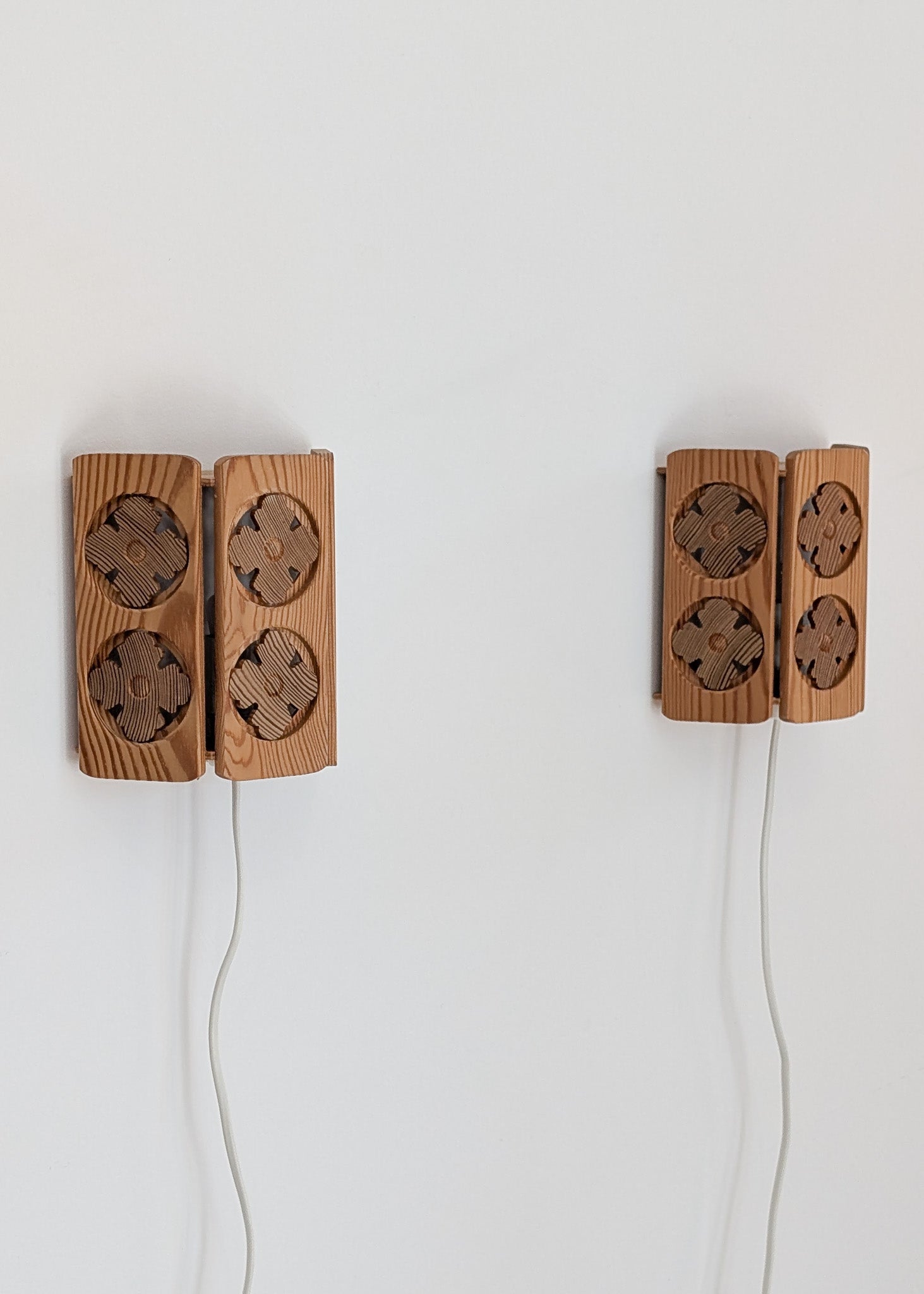 Pair of Vintage Pine Wooden Swedish Wall Sconces with Floral Cutouts Detailing