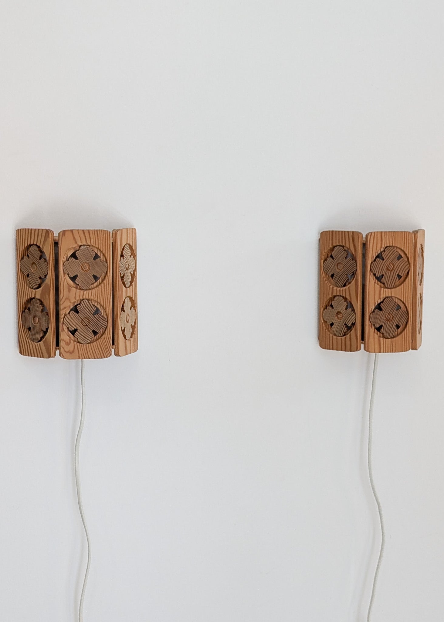 Pair of Vintage Pine Wooden Swedish Wall Sconces with Floral Cutouts Detailing