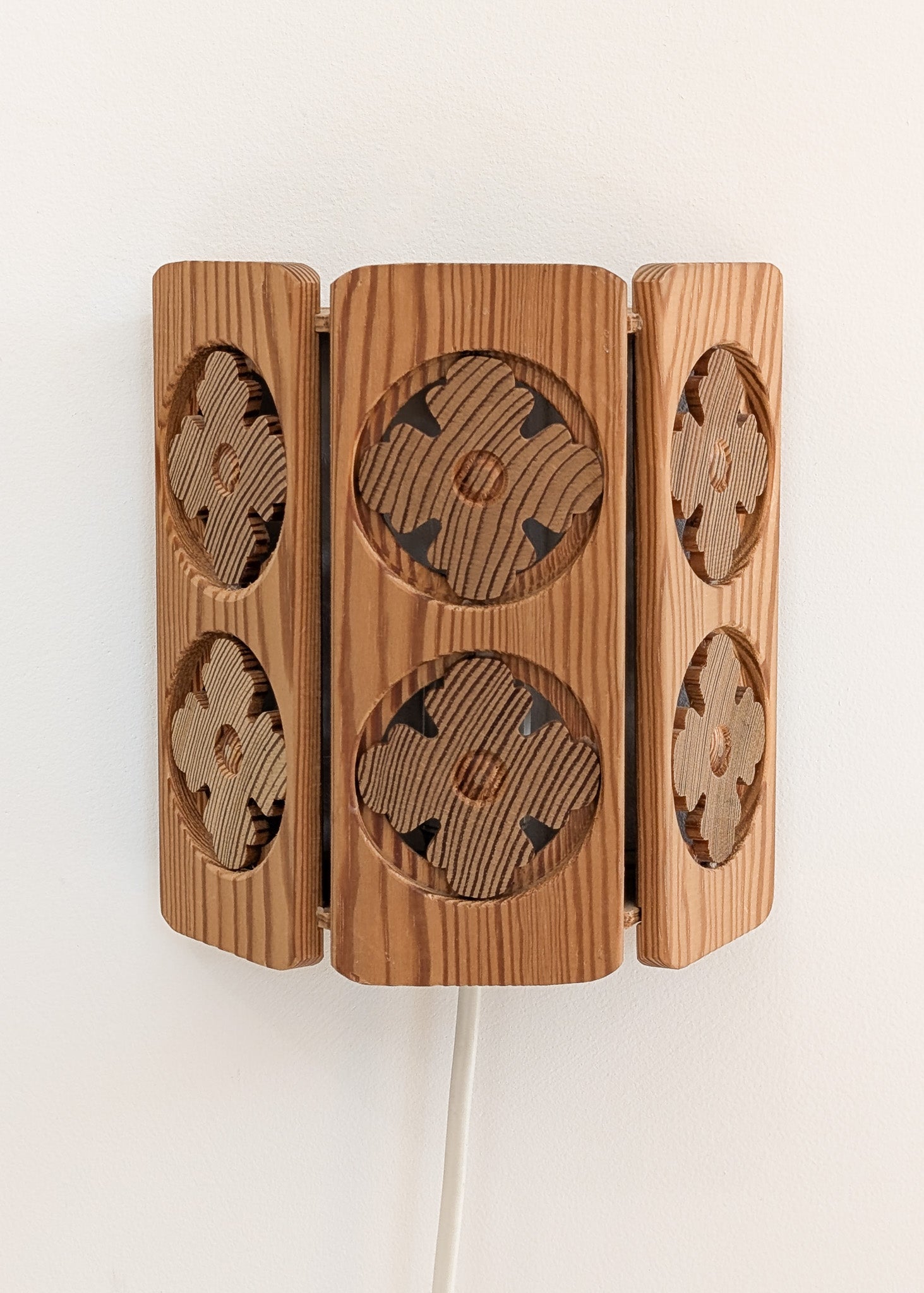 Pair of Vintage Pine Wooden Swedish Wall Sconces with Floral Cutouts Detailing