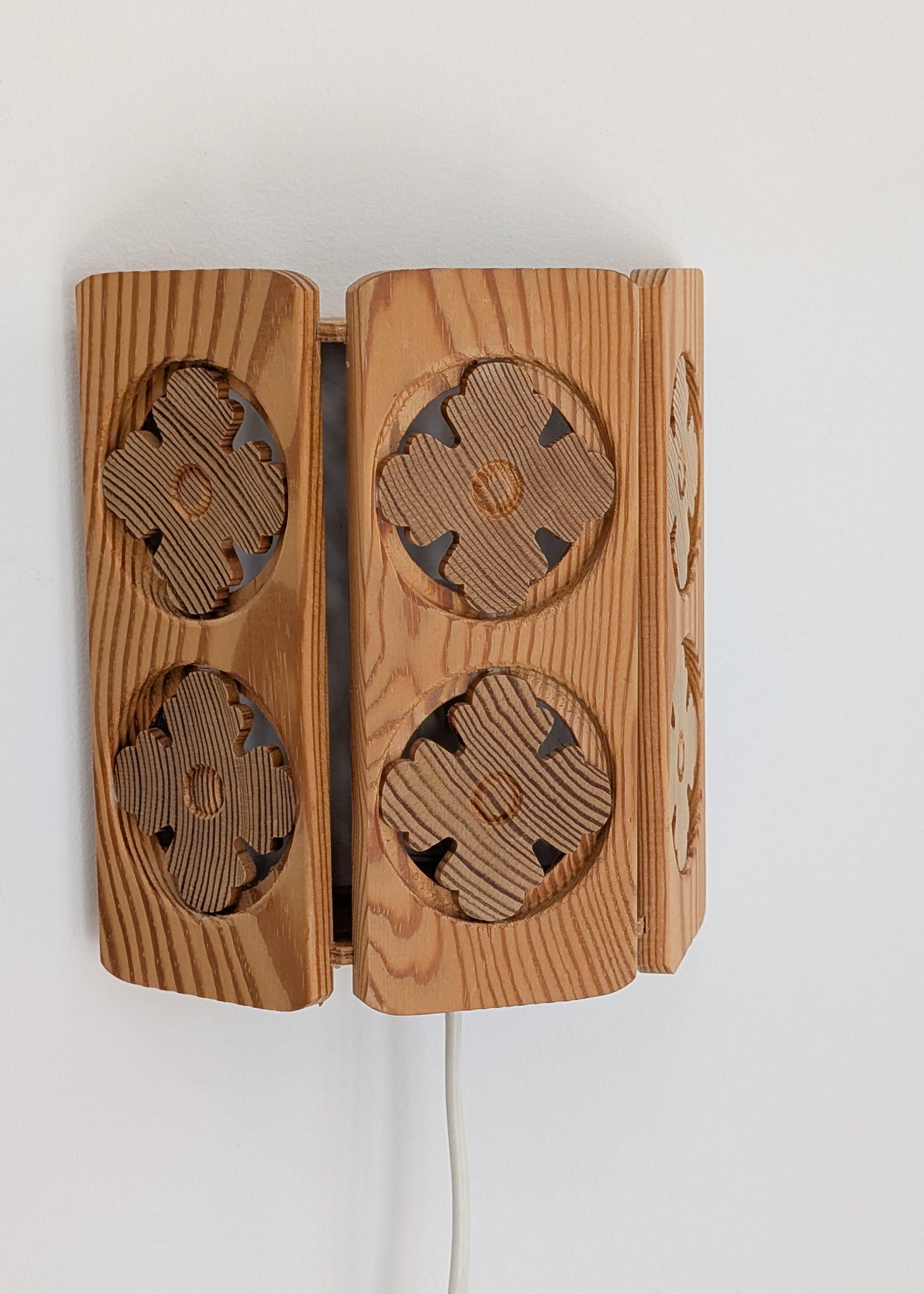 Pair of Vintage Pine Wooden Swedish Wall Sconces with Floral Cutouts Detailing