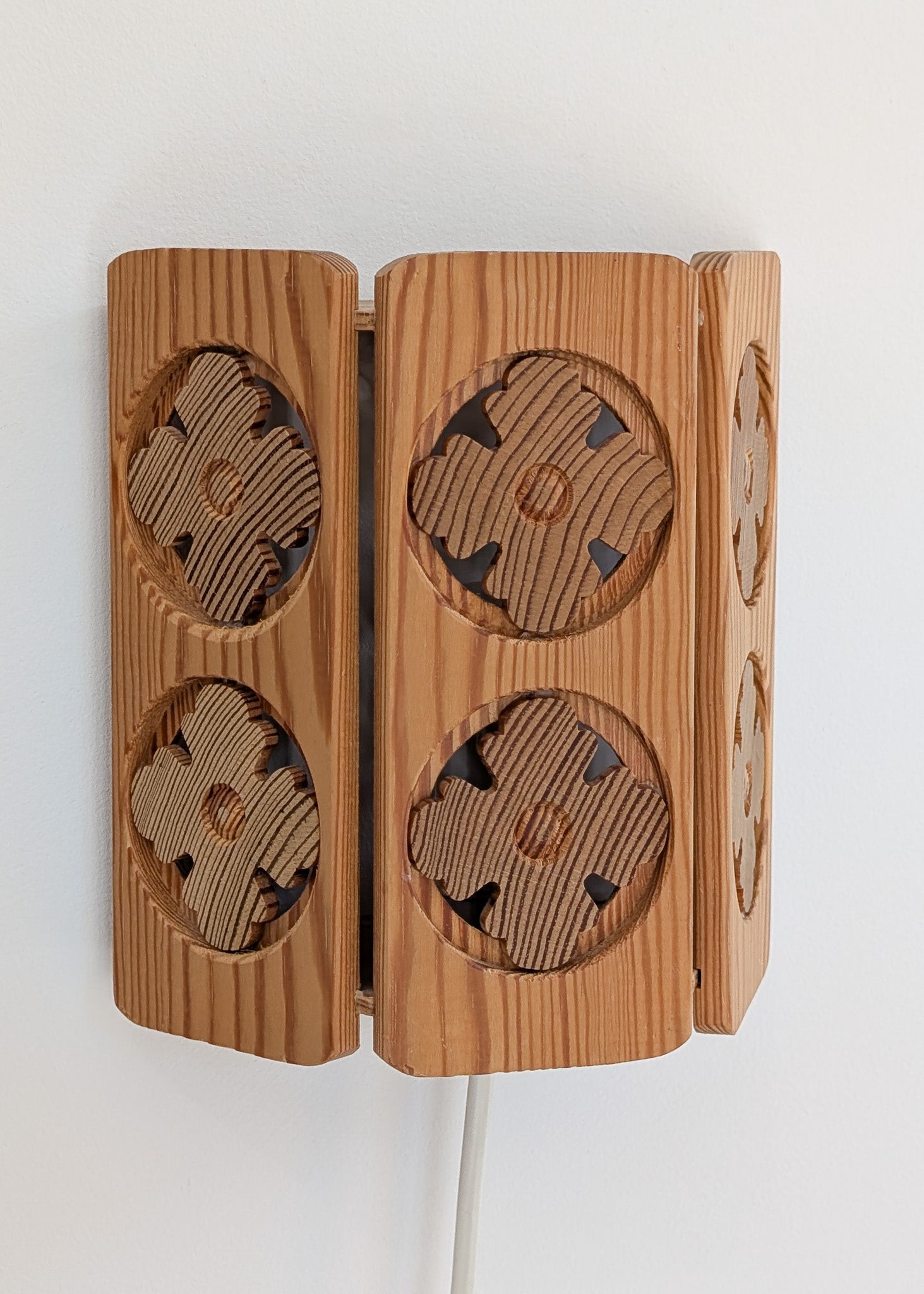 Pair of Vintage Pine Wooden Swedish Wall Sconces with Floral Cutouts Detailing