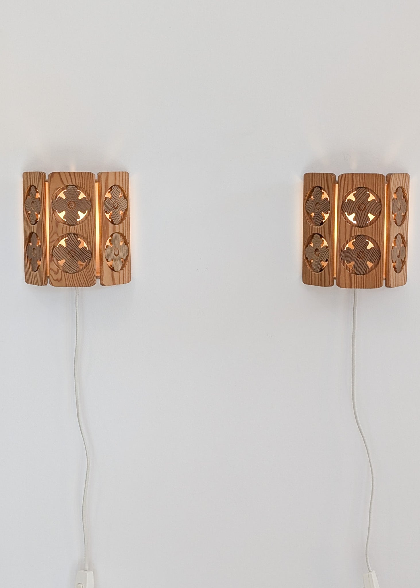 Pair of Vintage Pine Wooden Swedish Wall Sconces with Floral Cutouts Detailing