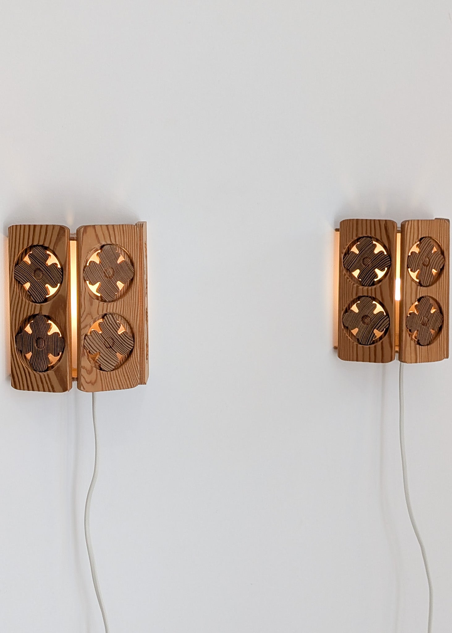Pair of Vintage Pine Wooden Swedish Wall Sconces with Floral Cutouts Detailing