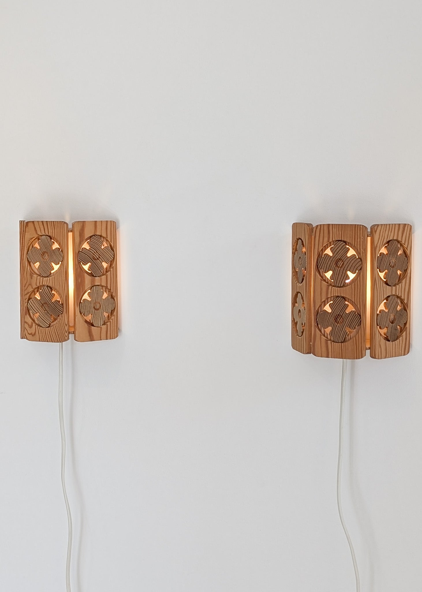 Pair of Vintage Pine Wooden Swedish Wall Sconces with Floral Cutouts Detailing