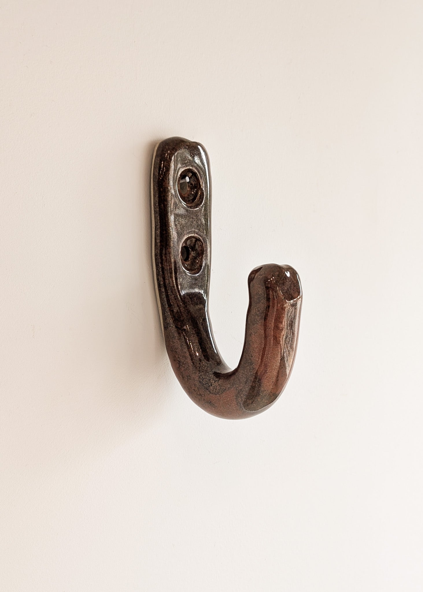 Dark Neutral Glazed Chunky Handmade Studio Pottery Ceramic Wall Hook