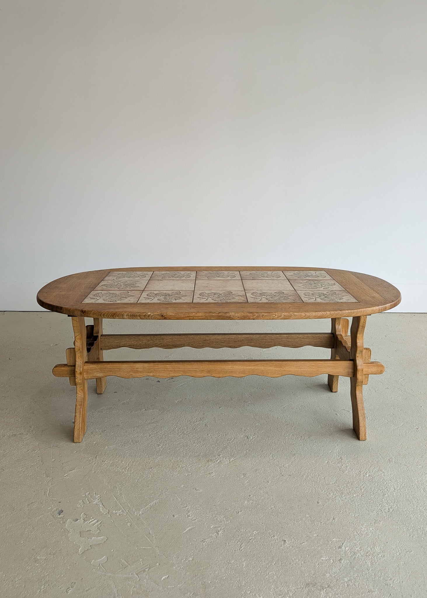 Large Vintage Danish Poul H. Poulsen-Style Quartersawn White Oak and Chestnut Ceramic Tile Coffee Table with Scalloped Stringers
