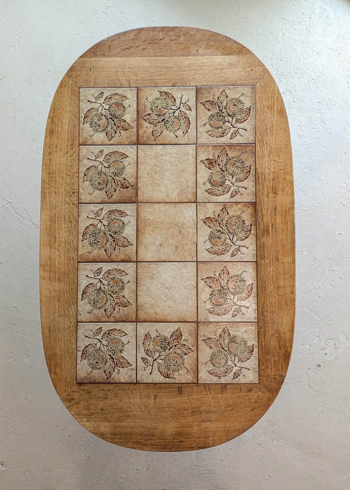 Large Vintage Danish Poul H. Poulsen-Style Quartersawn White Oak and Chestnut Ceramic Tile Coffee Table with Scalloped Stringers