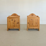 Pair of Vintage Swedish Light Pine Wooden Nightstands with Floral Motif Carving