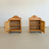 Pair of Vintage Swedish Light Pine Wooden Nightstands with Floral Motif Carving