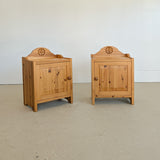 Pair of Vintage Swedish Light Pine Wooden Nightstands with Floral Motif Carving