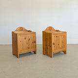 Pair of Vintage Swedish Light Pine Wooden Nightstands with Floral Motif Carving