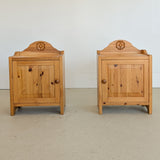 Pair of Vintage Swedish Light Pine Wooden Nightstands with Floral Motif Carving