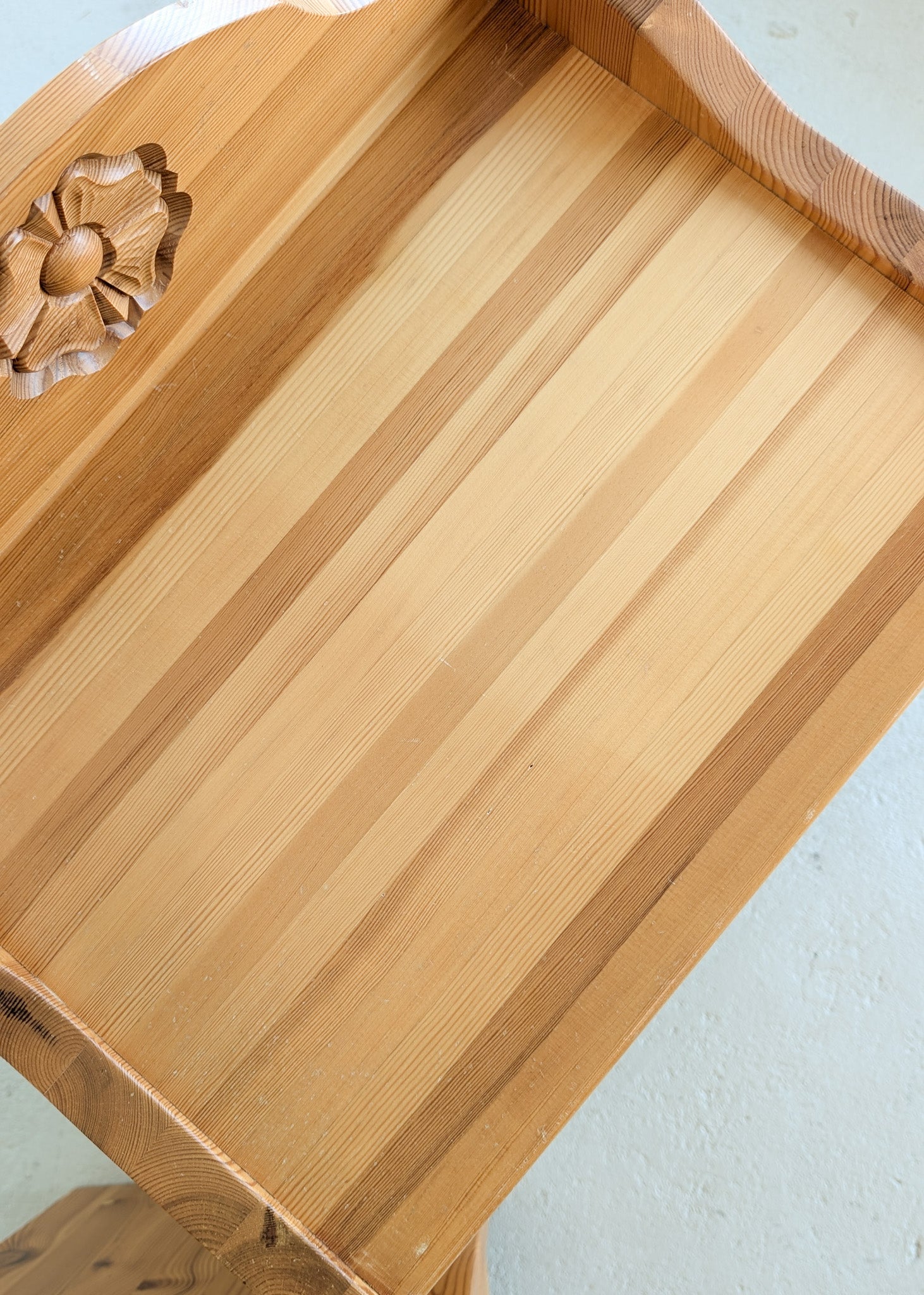 Pair of Vintage Swedish Light Pine Wooden Nightstands with Floral Motif Carving