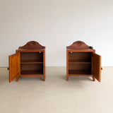Pair of Vintage Swedish Reddish-Brown Pine Wooden Nightstands with Floral Motif Carving