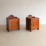 Pair of Vintage Swedish Reddish-Brown Pine Wooden Nightstands with Floral Motif Carving