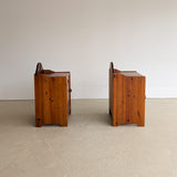 Pair of Vintage Swedish Reddish-Brown Pine Wooden Nightstands with Floral Motif Carving