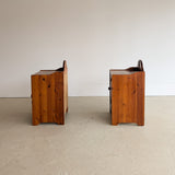 Pair of Vintage Swedish Reddish-Brown Pine Wooden Nightstands with Floral Motif Carving