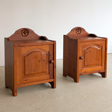 Pair of Vintage Swedish Reddish-Brown Pine Wooden Nightstands with Floral Motif Carving