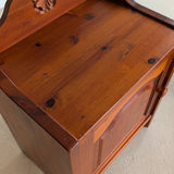 Pair of Vintage Swedish Reddish-Brown Pine Wooden Nightstands with Floral Motif Carving