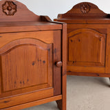Pair of Vintage Swedish Reddish-Brown Pine Wooden Nightstands with Floral Motif Carving