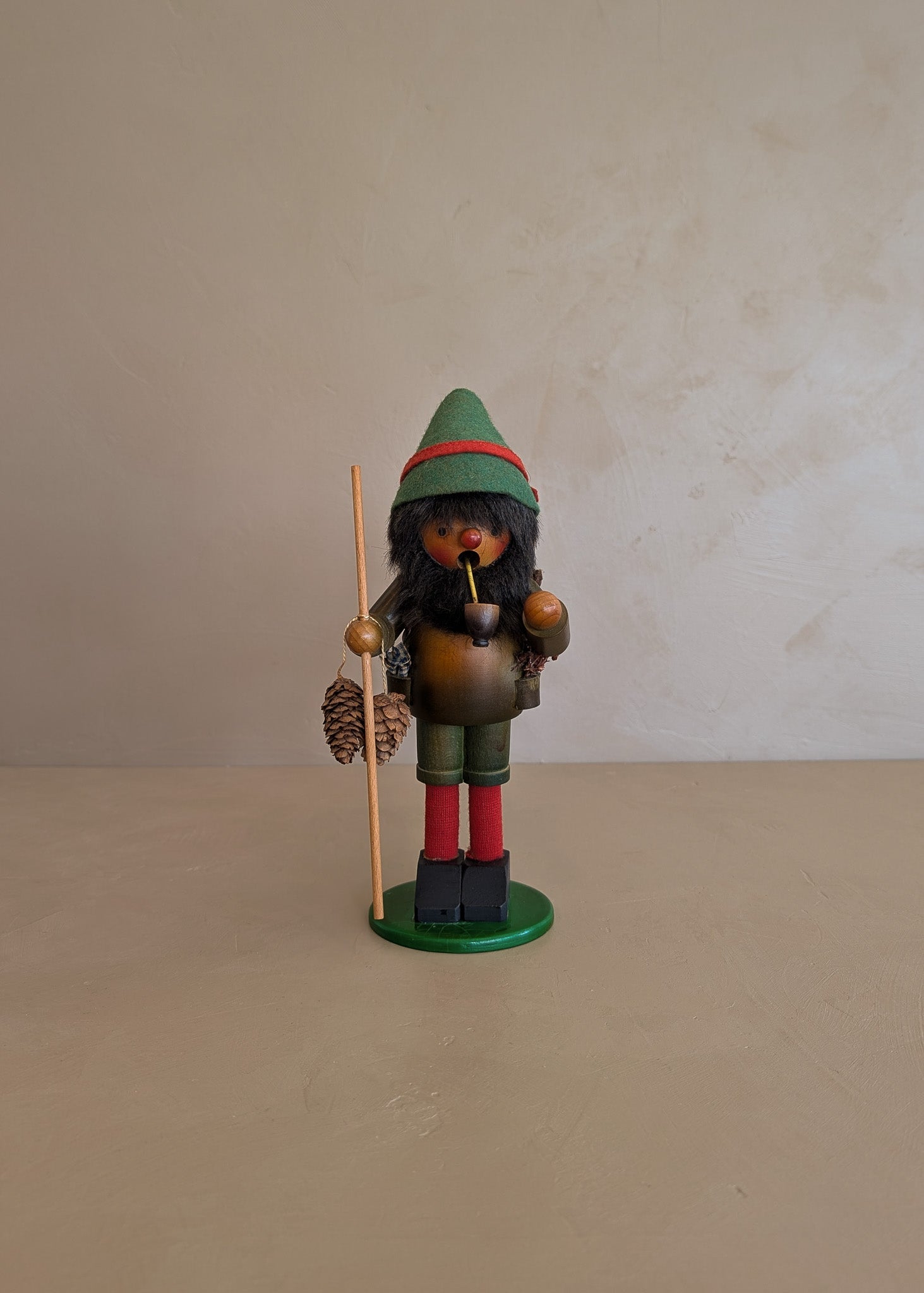 Vintage Wooden Steinbach German Hiker Mountain Man Smoker with Pinecones and Backpack