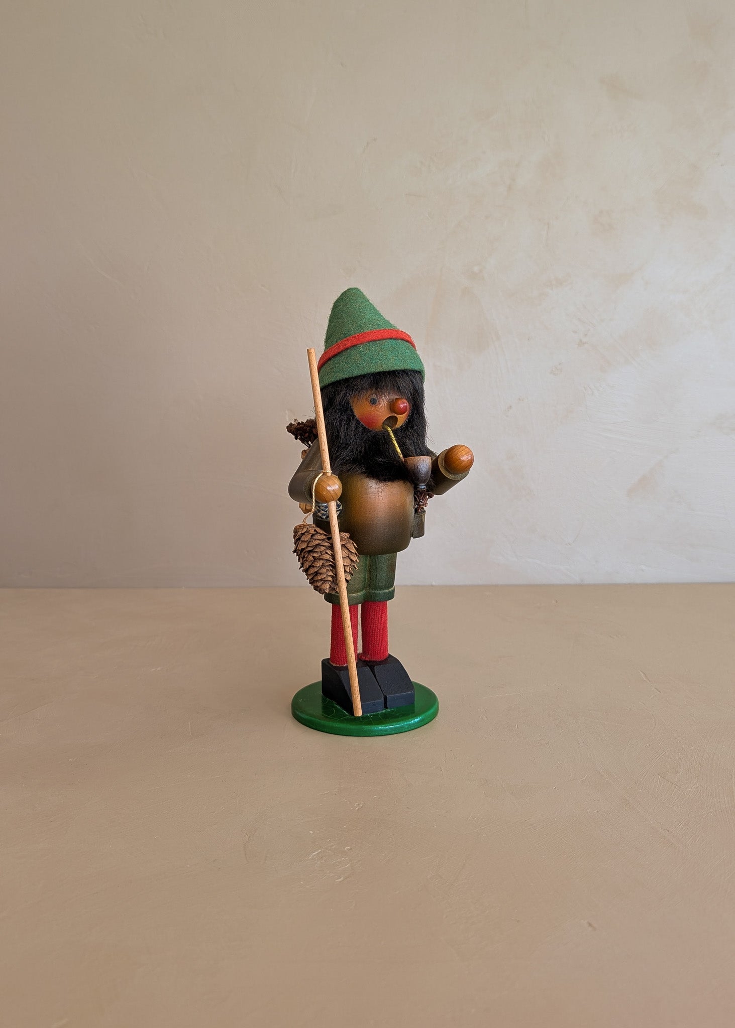 Vintage Wooden Steinbach German Hiker Mountain Man Smoker with Pinecones and Backpack