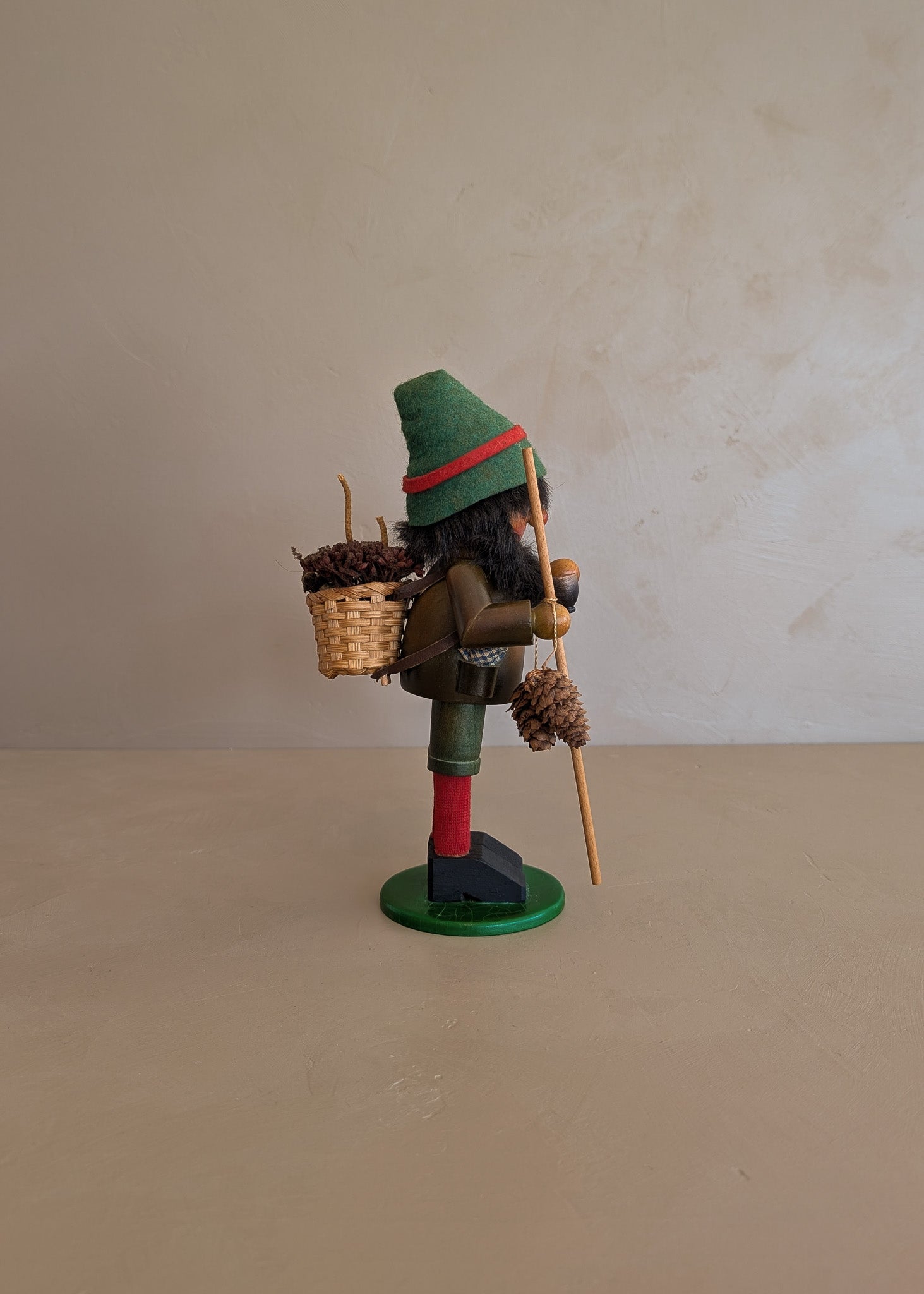 Vintage Wooden Steinbach German Hiker Mountain Man Smoker with Pinecones and Backpack