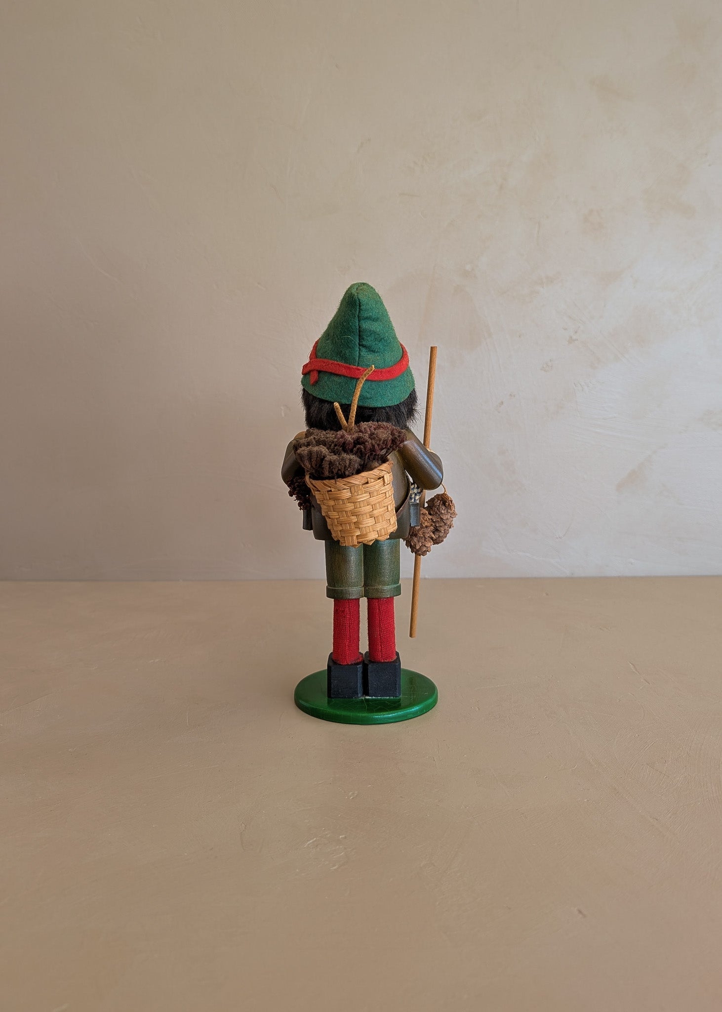 Vintage Wooden Steinbach German Hiker Mountain Man Smoker with Pinecones and Backpack