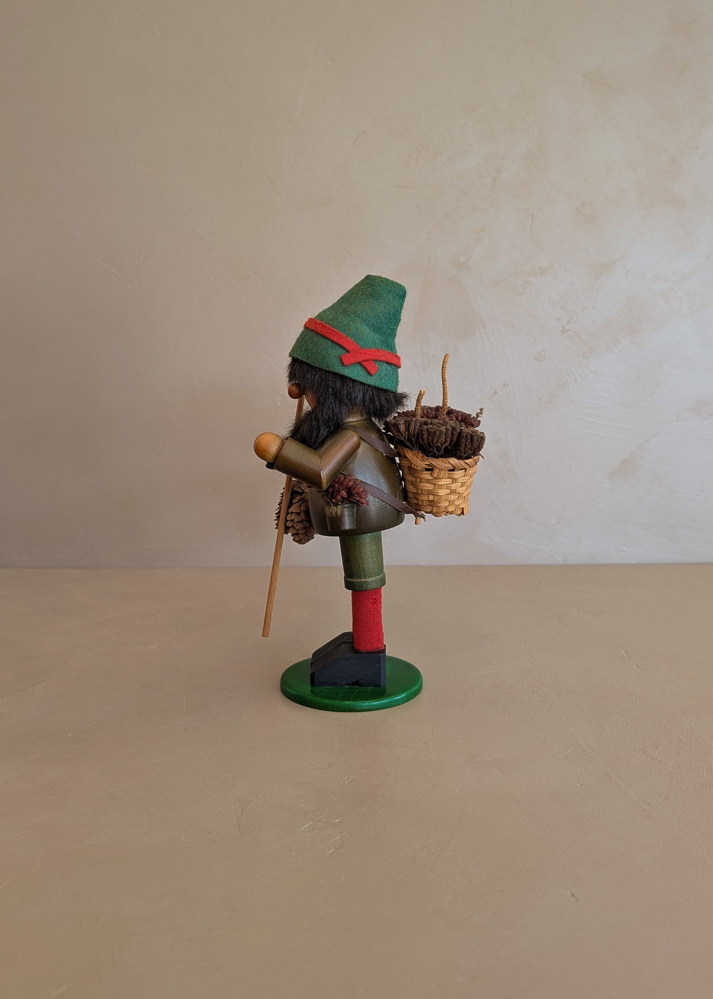 Vintage Wooden Steinbach German Hiker Mountain Man Smoker with Pinecones and Backpack