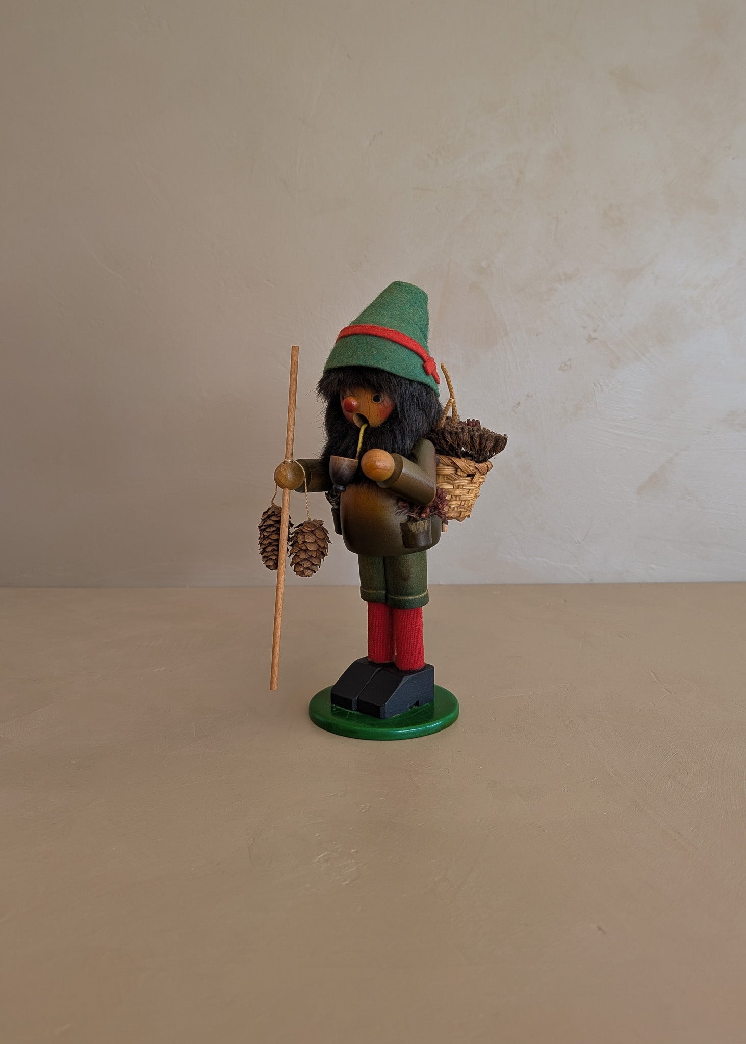 Vintage Wooden Steinbach German Hiker Mountain Man Smoker with Pinecones and Backpack