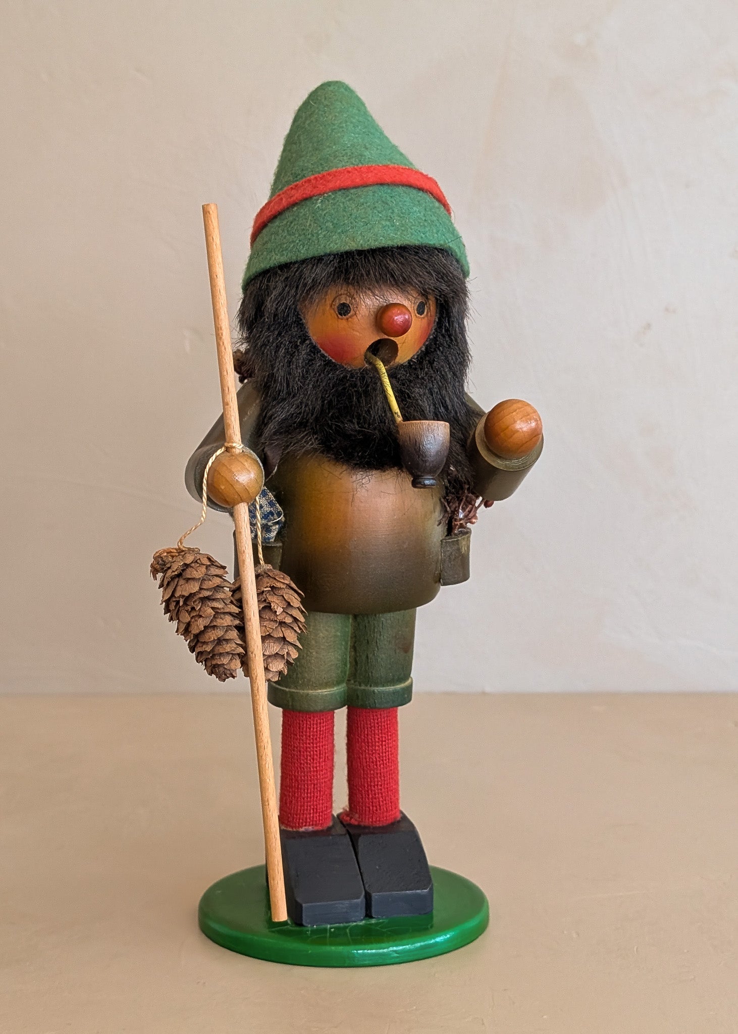 Vintage Wooden Steinbach German Hiker Mountain Man Smoker with Pinecones and Backpack
