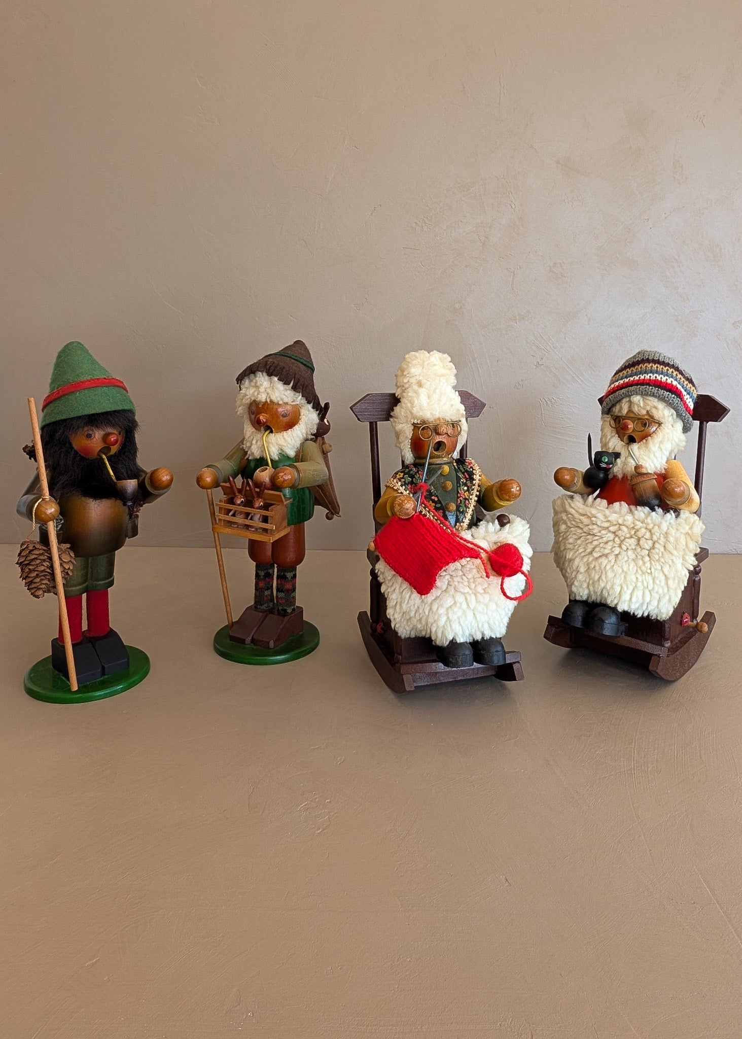 Vintage Wooden Steinbach German Hiker Mountain Man Smoker with Pinecones and Backpack