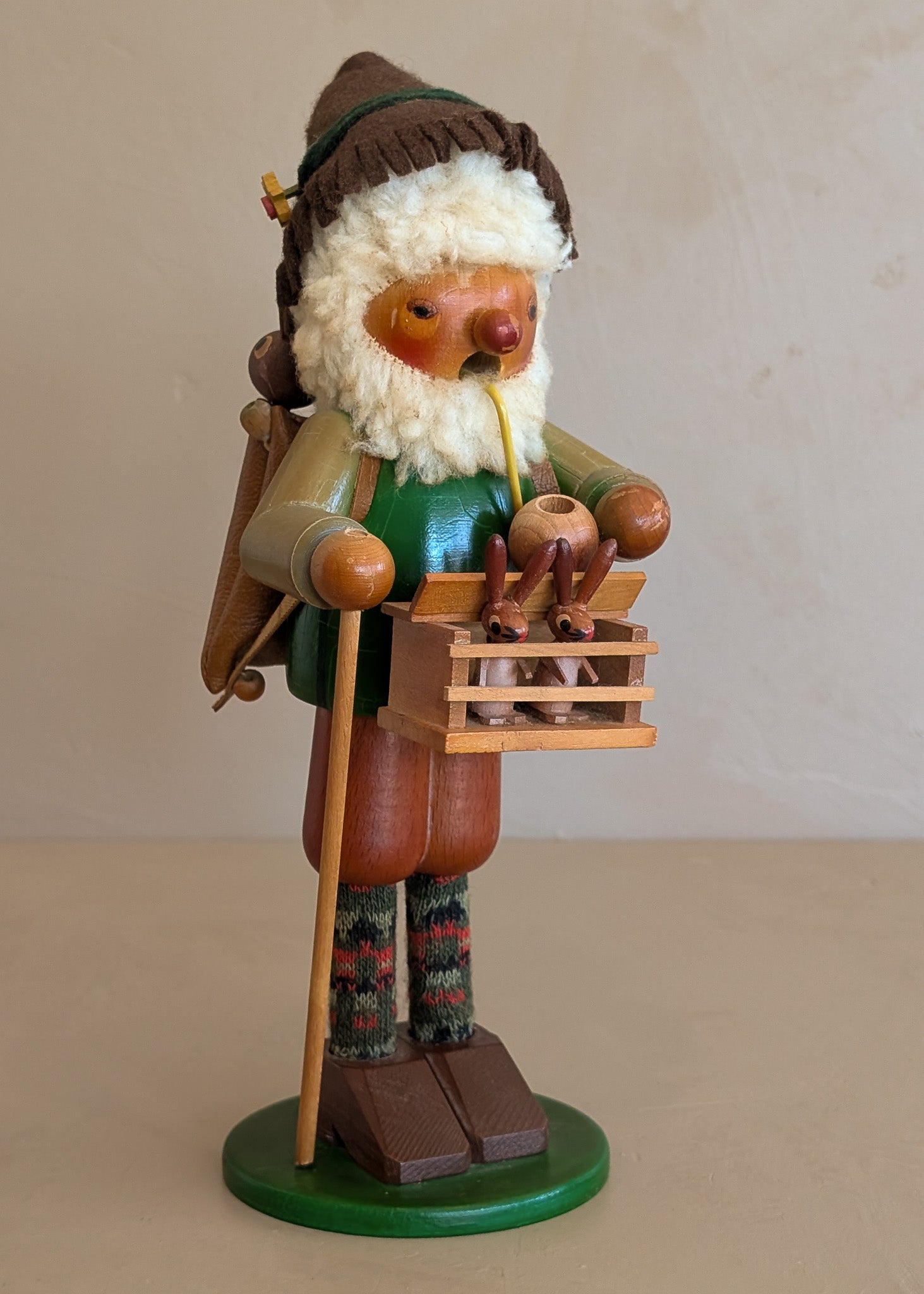 Vintage Wooden Steinbach German Rabbit Bunny Rancher Farmer Smoker with Original Sticker