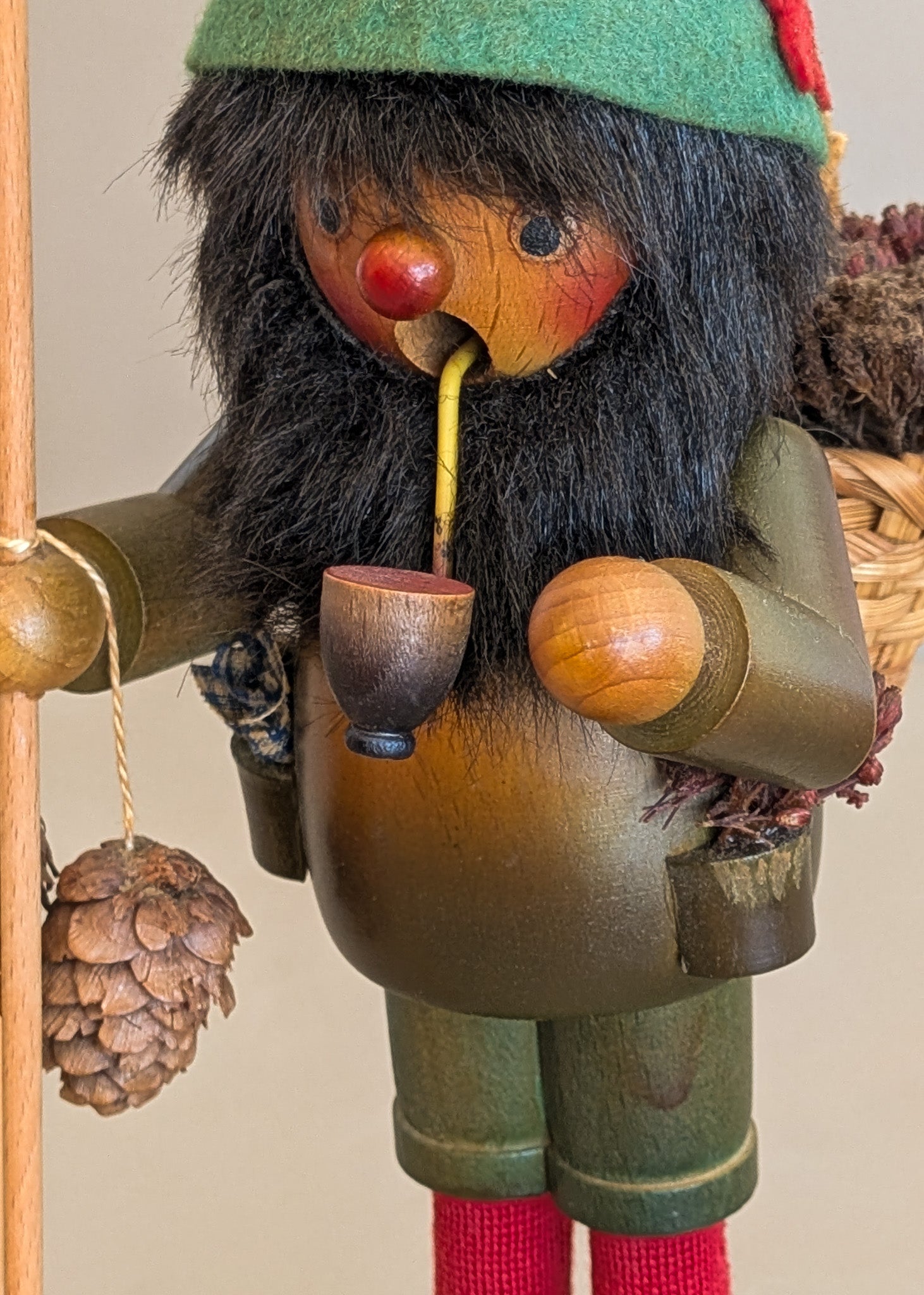 Vintage Wooden Steinbach German Hiker Mountain Man Smoker with Pinecones and Backpack