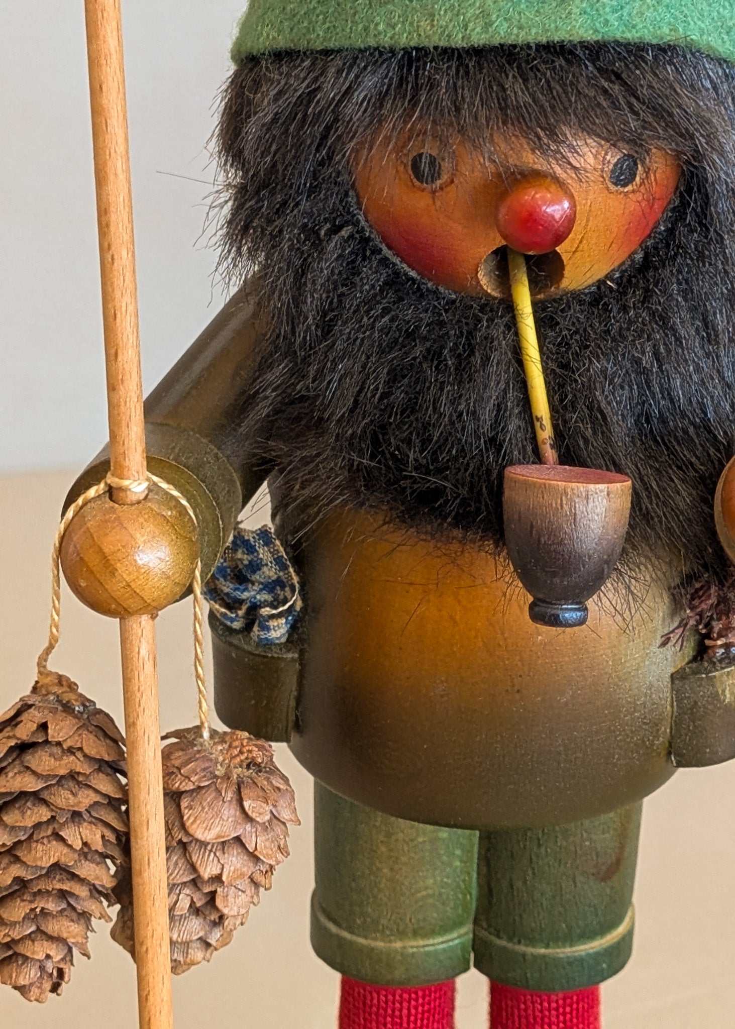 Vintage Wooden Steinbach German Hiker Mountain Man Smoker with Pinecones and Backpack