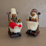 Pair of Vintage Rocking Music Box Wooden Steinbach German Knitting Grandma and Grandpa with Black Cat Smokers