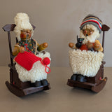 Pair of Vintage Rocking Music Box Wooden Steinbach German Knitting Grandma and Grandpa with Black Cat Smokers