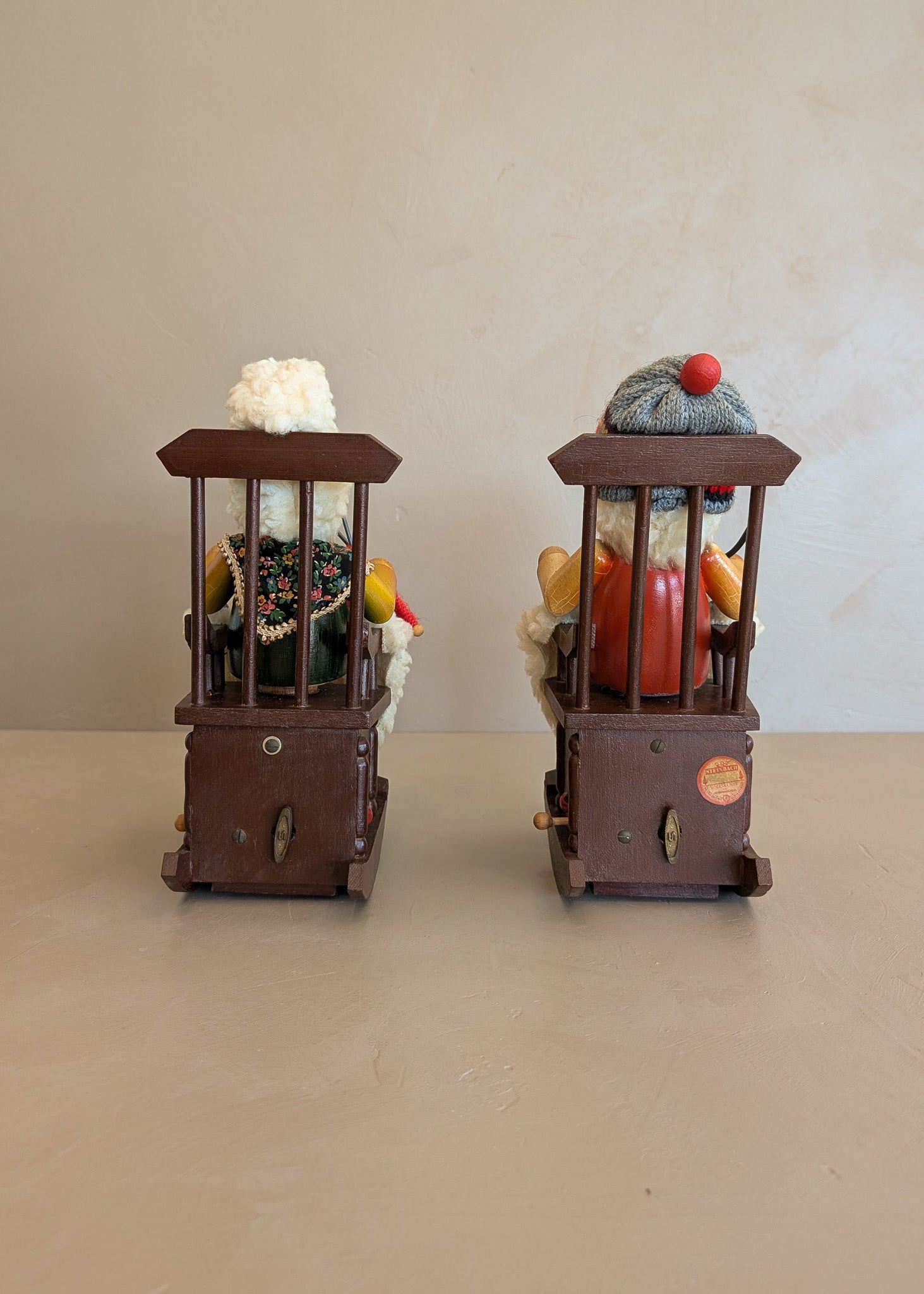 Pair of Vintage Rocking Music Box Wooden Steinbach German Knitting Grandma and Grandpa with Black Cat Smokers