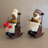Pair of Vintage Rocking Music Box Wooden Steinbach German Knitting Grandma and Grandpa with Black Cat Smokers