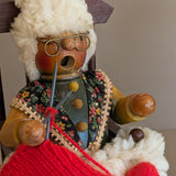 Pair of Vintage Rocking Music Box Wooden Steinbach German Knitting Grandma and Grandpa with Black Cat Smokers