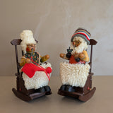 Pair of Vintage Rocking Music Box Wooden Steinbach German Knitting Grandma and Grandpa with Black Cat Smokers